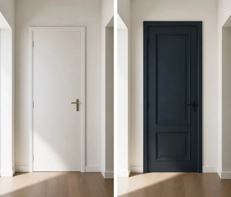 Décoration porte intérieur avant-après d’une porte blanche transformée par peinture et moulures dans un couloir