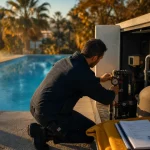 Entretien annuel de piscine Nice : technicien près du local technique et de la filtration