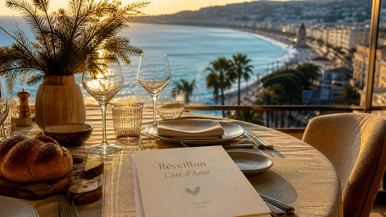 Réveillon noël hôtel côte d azur : table de réveillon avec vue mer depuis un balcon d’hôtel
