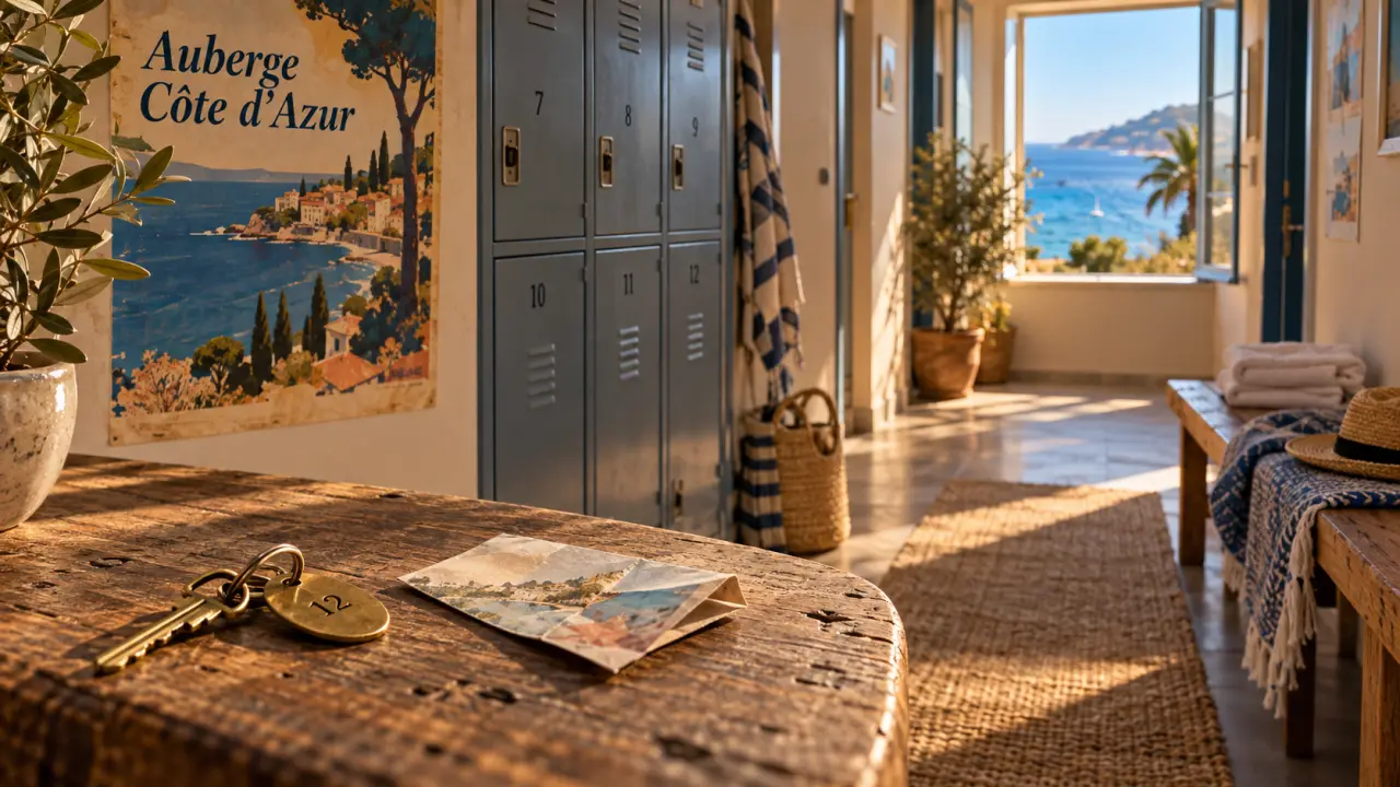 Auberge de jeunesse cote d azur : couloir lumineux et casiers métalliques