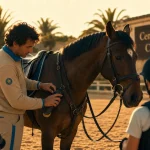 Centre equestre cote d azur : moniteur vérifie le harnachement du cheval