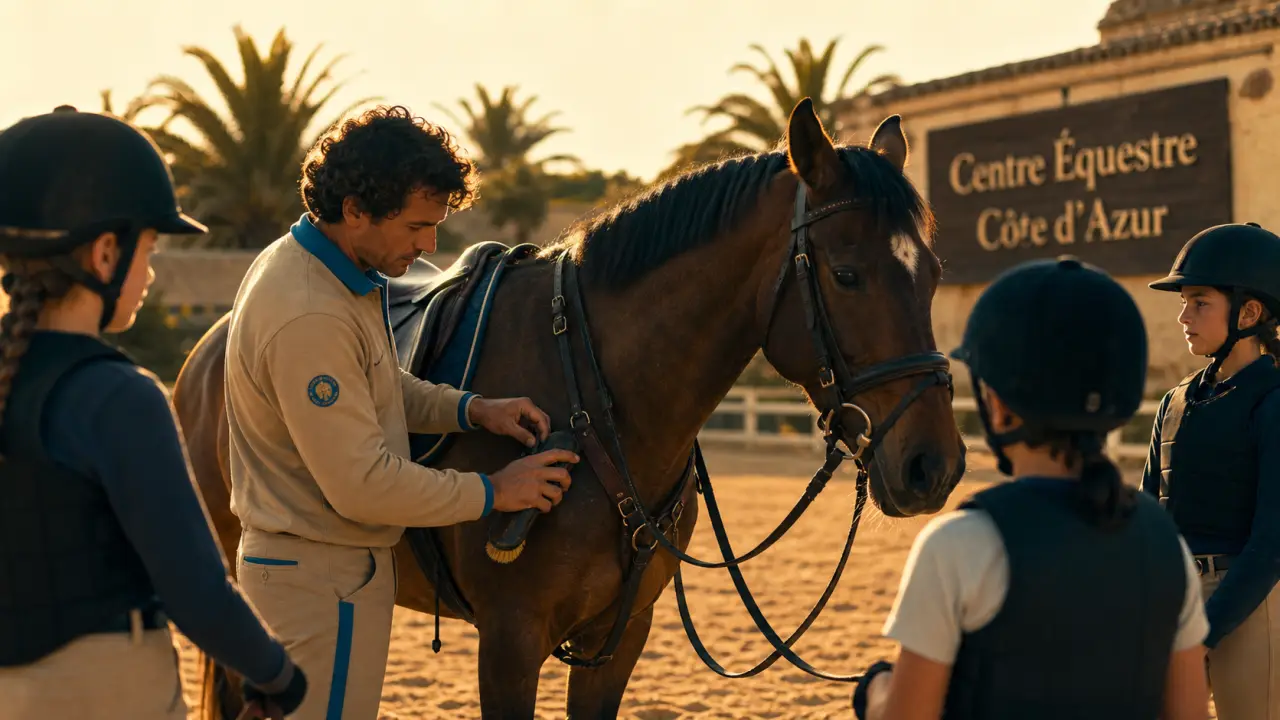 Centre equestre cote d azur : moniteur vérifie le harnachement du cheval