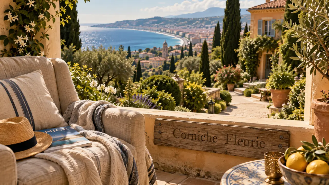Corniche fleurie nice : villa, fauteuil et jardin méditerranéen