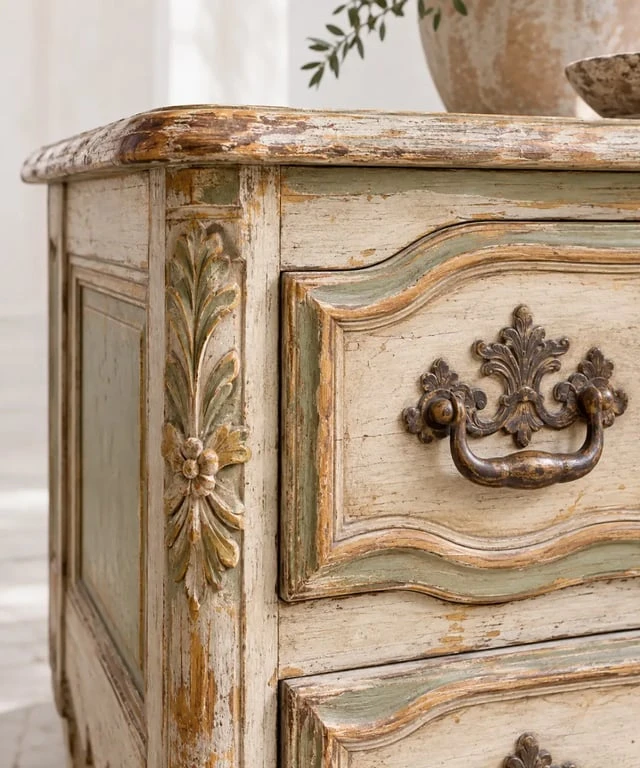 Détail de patine, moulures et ferrures sur un meuble provençal ancien