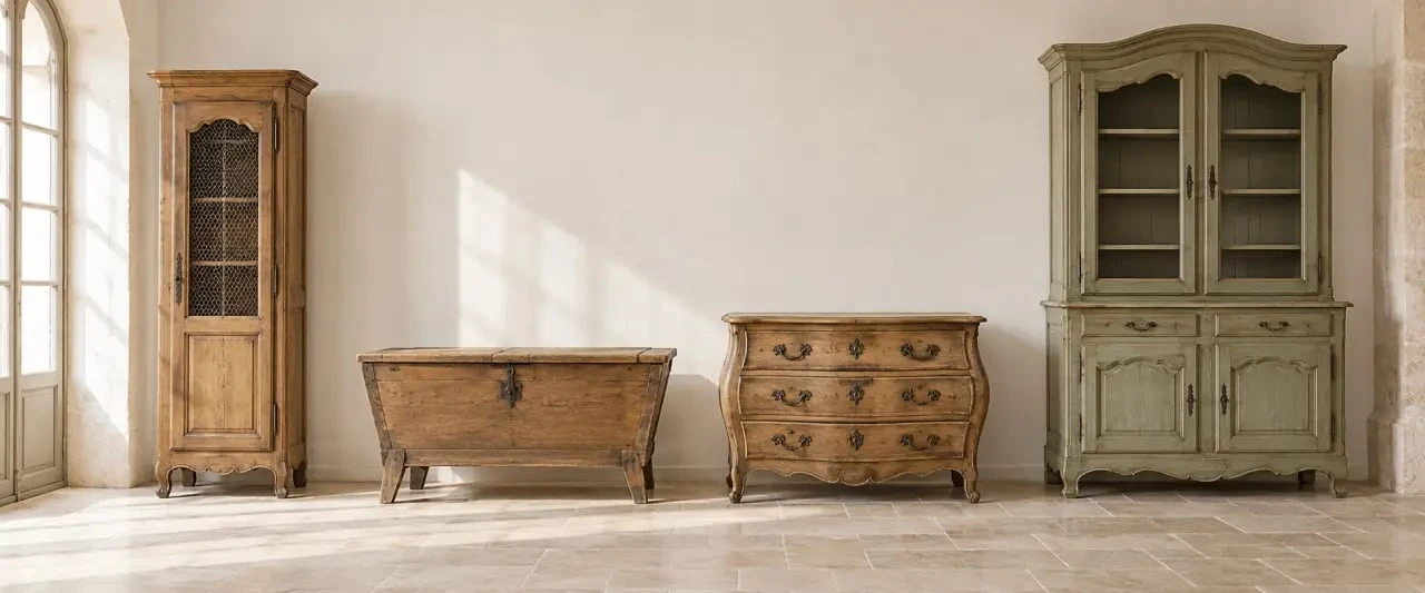 Meubles provençaux traditionnels : panetière, pétrin, commode galbée et vaisselier en bois massif