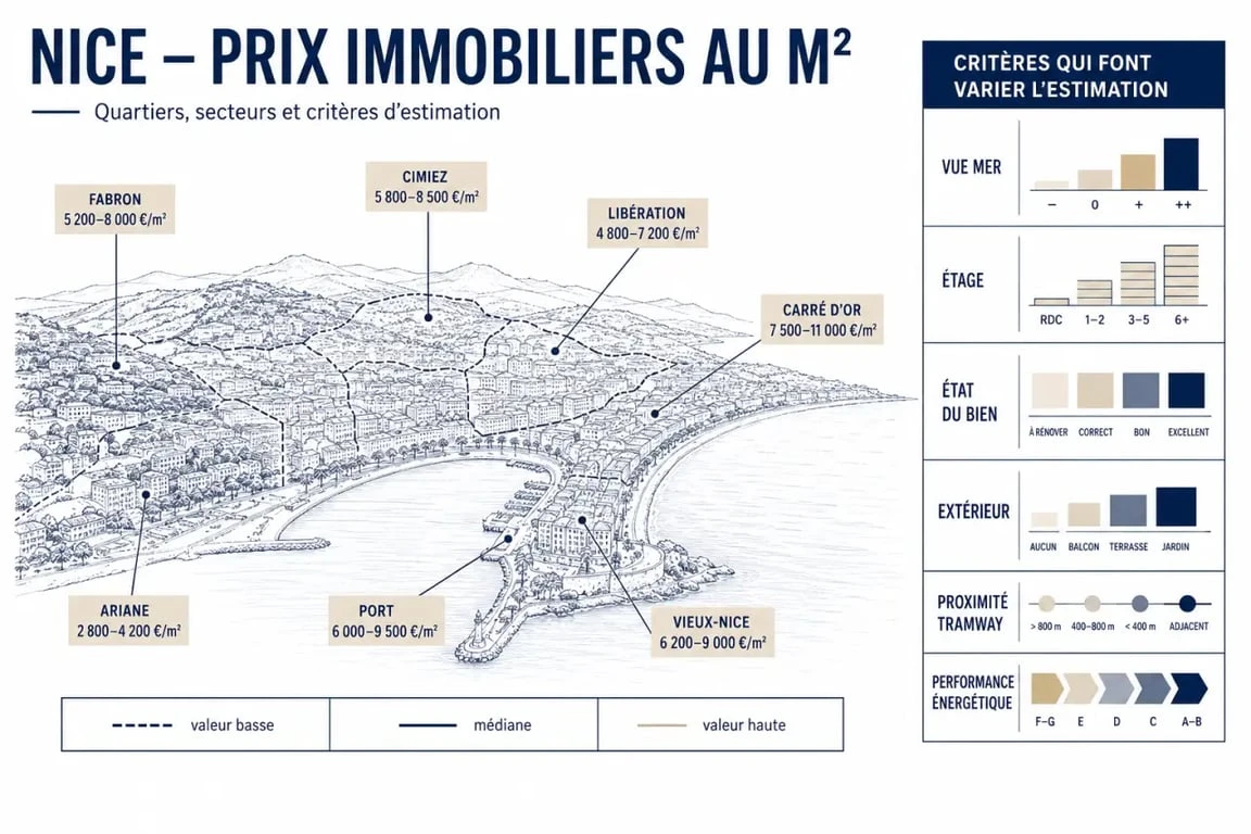 Estimation gratuite Nice : carte éditoriale des quartiers et fourchettes de prix au m²