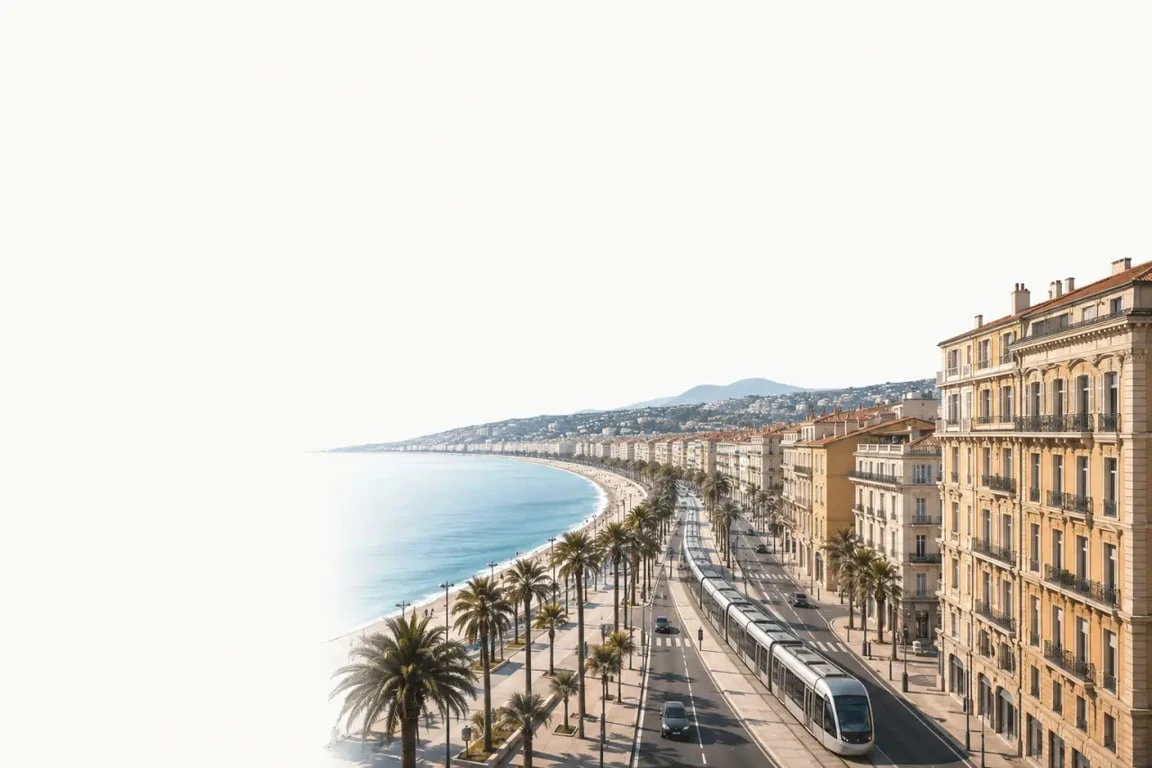 Se loger nice : panorama éditorial de Nice avec le centre-ville, le tramway et la Promenade des Anglais