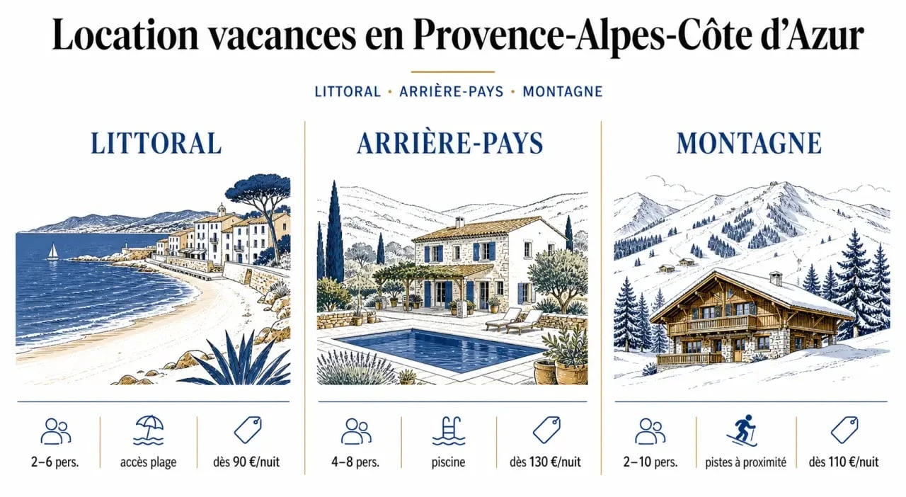 Illustration comparative pour location vacances Provence Alpes Côte d Azur entre littoral, arrière-pays et montagne