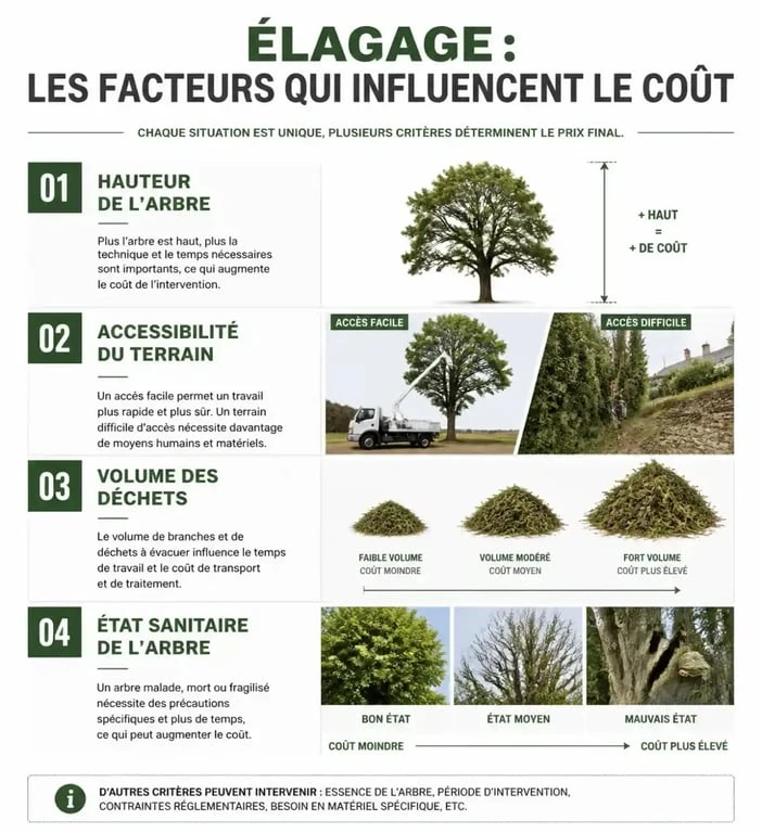 Infographie des facteurs de prix pour un service d'élagage à Nice