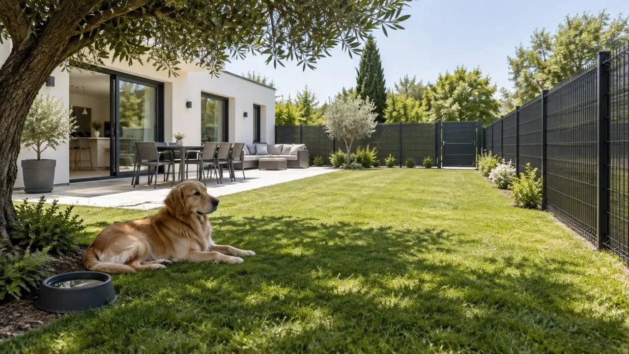 Location vacances chien jardin clos avec portail fermé, clôture complète et zone ombragée