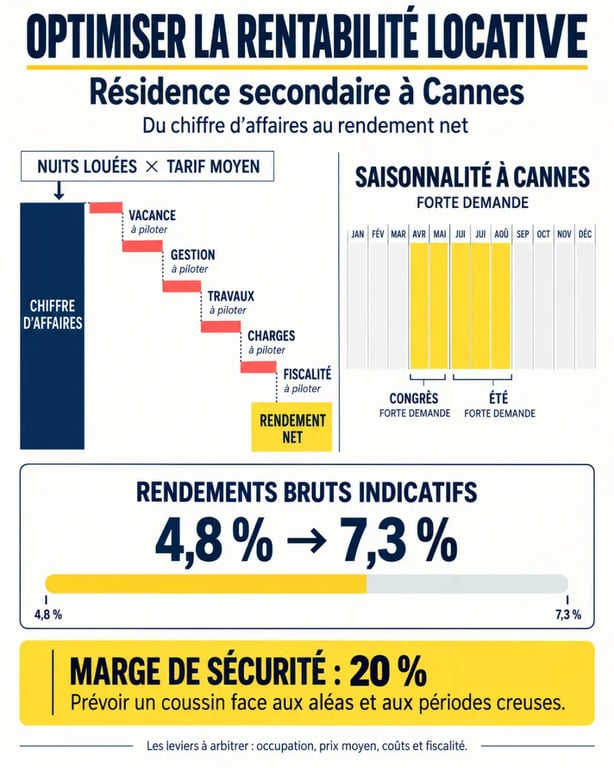 Infographie sur l’optimisation de la rentabilité locative d’une résidence secondaire à Cannes