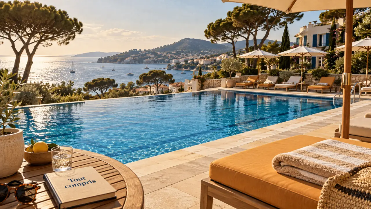 Hotel club cote d azur : piscine et Méditerranée depuis l’hôtel-club