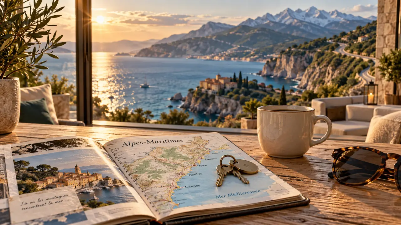Location alpes maritimes vacances : clés sur une terrasse, vue mer et Mercantour