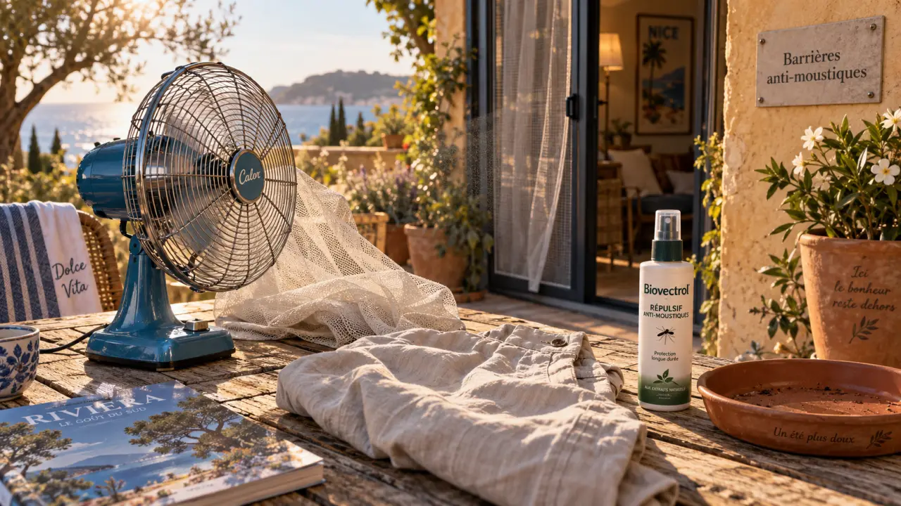 comment ne pas se faire piquer par les moustiques : ventilateur et moustiquaire sur terrasse
