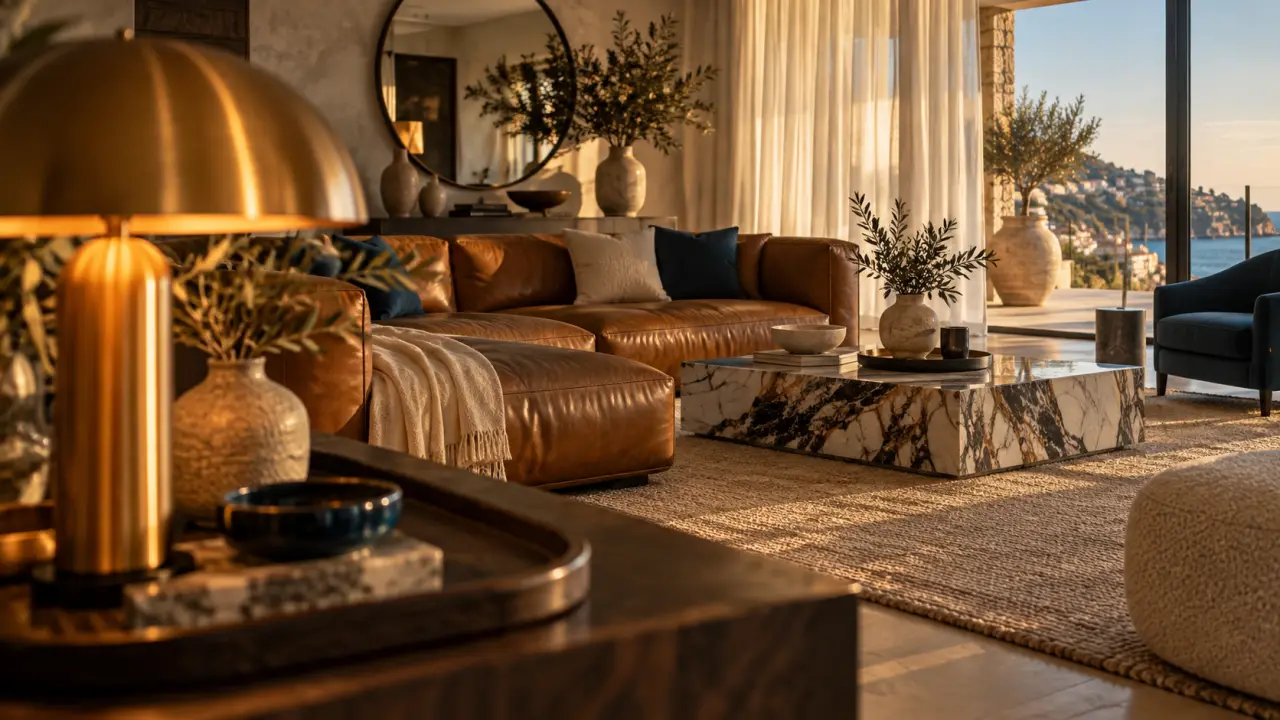 Déco italienne : salon contemporain cuir tabac et marbre