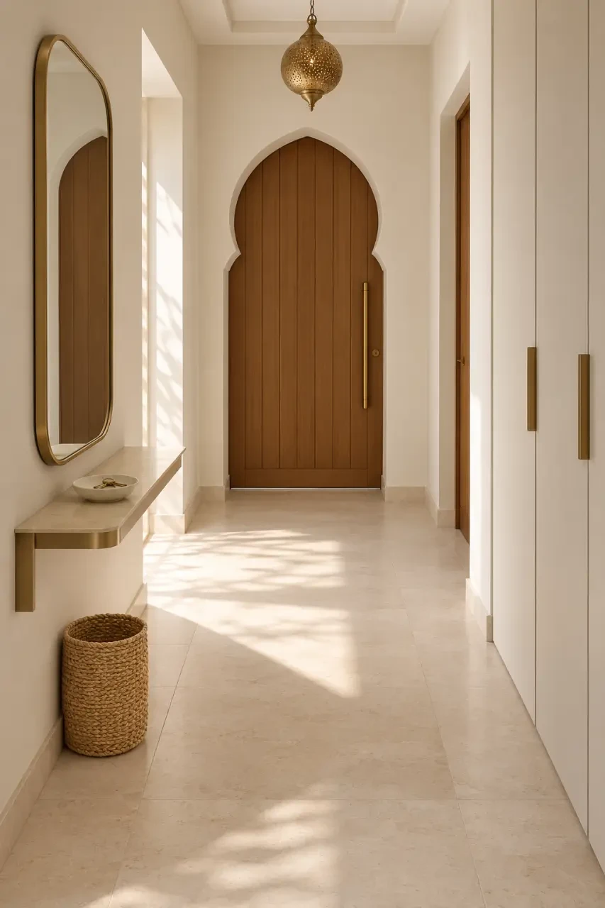Déco marocaine fonctionnelle dans une entrée avec miroir en laiton et panier tressé