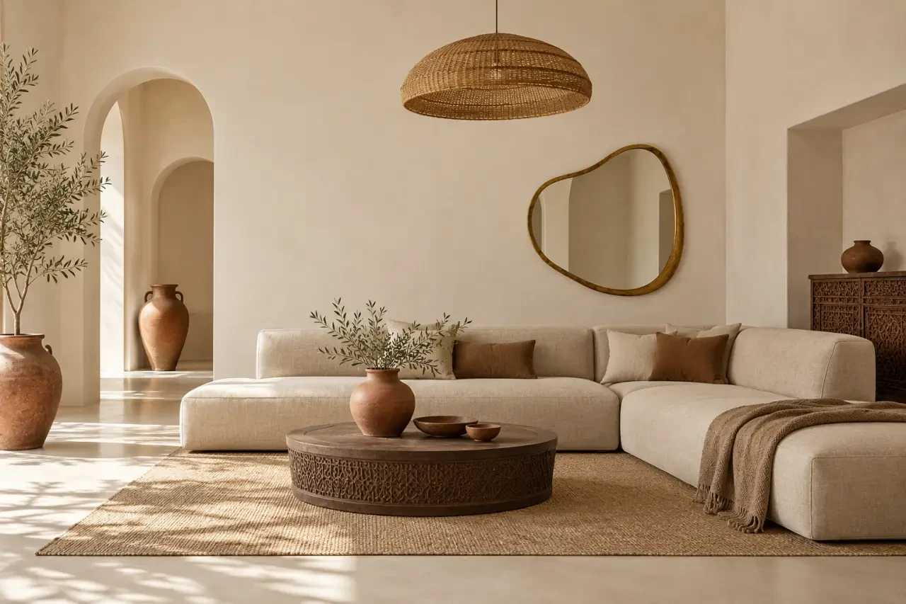 Déco marocaine contemporaine dans un salon avec miroir en laiton, poterie et fibres naturelles