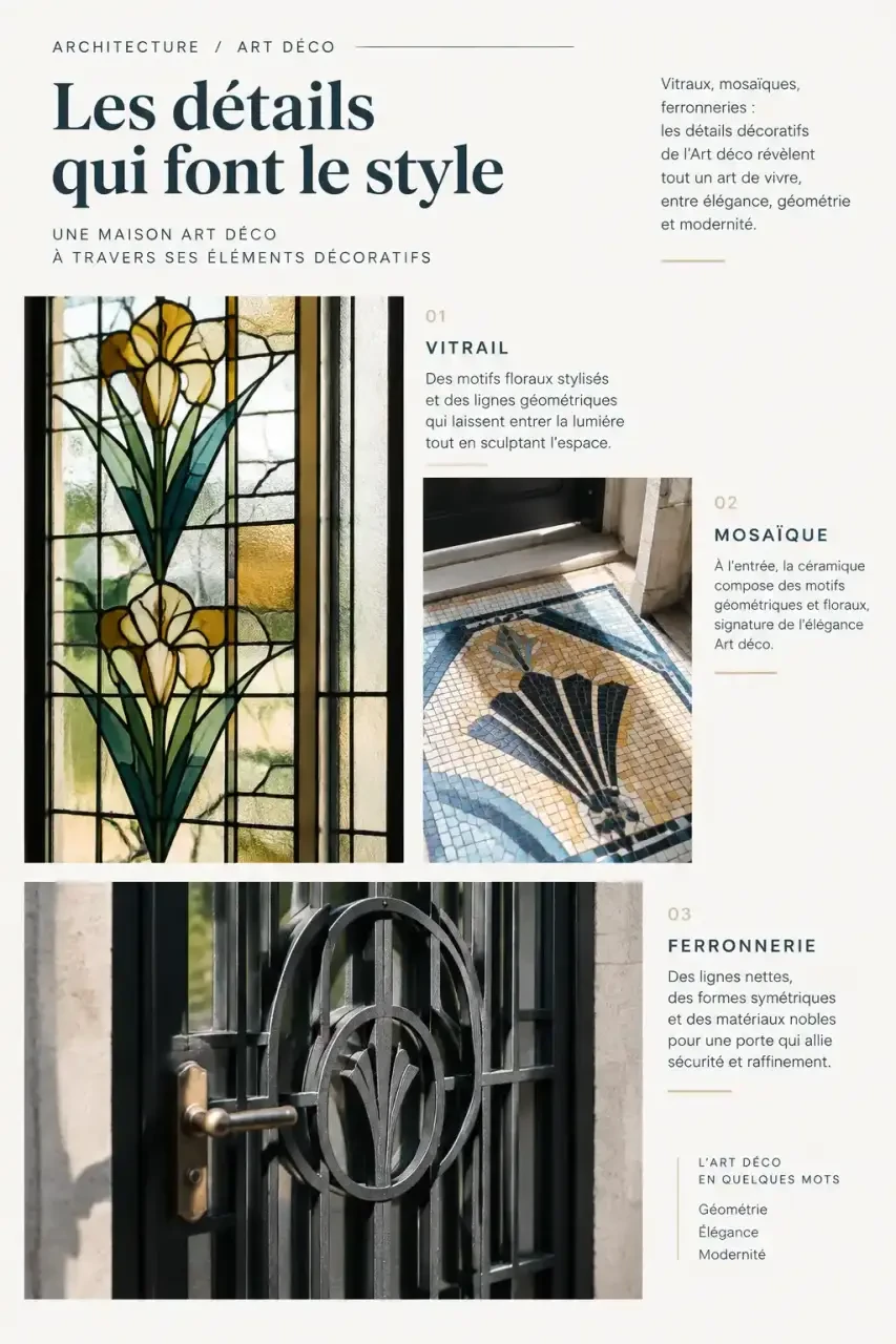 Détails d'une maison Art déco : vitrail, mosaïque et porte en fer forgé