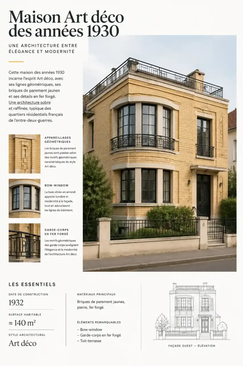 Façade d'une maison Art déco en briques jaunes avec bow-window, ferronneries et toit-terrasse