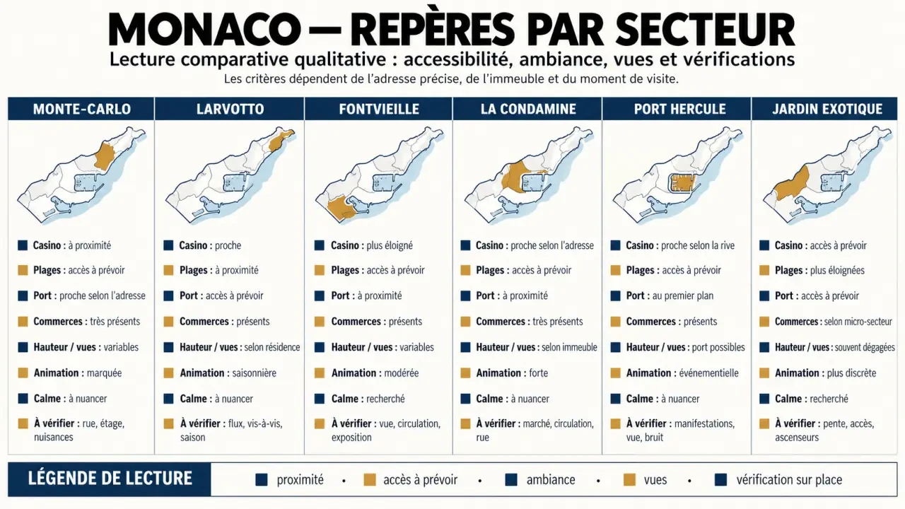 Infographie des quartiers de l’immobilier de luxe Monaco et de leurs caractéristiques résidentielles
