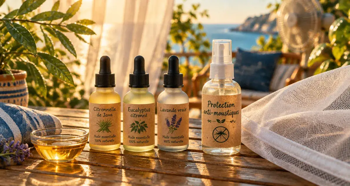 Huile essentielle contre les moustiques : flacons citronnelle et eucalyptus sur terrasse
