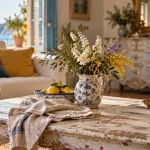 Style shabby chic : table basse patinée et bouquet de fleurs